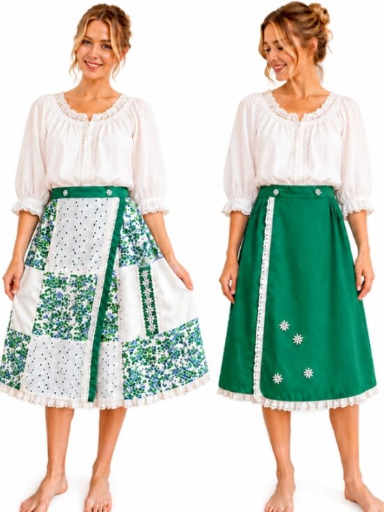 Dresses & Skirts - Vintage Reversible Cottagecore Wrap Skirt Green Floral Eyelet Prairie Midi Skirt